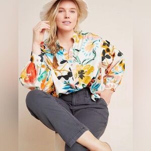 By Anthropologie Crisanta Poplin Button Down Floral Colorful Lightweight Relaxed